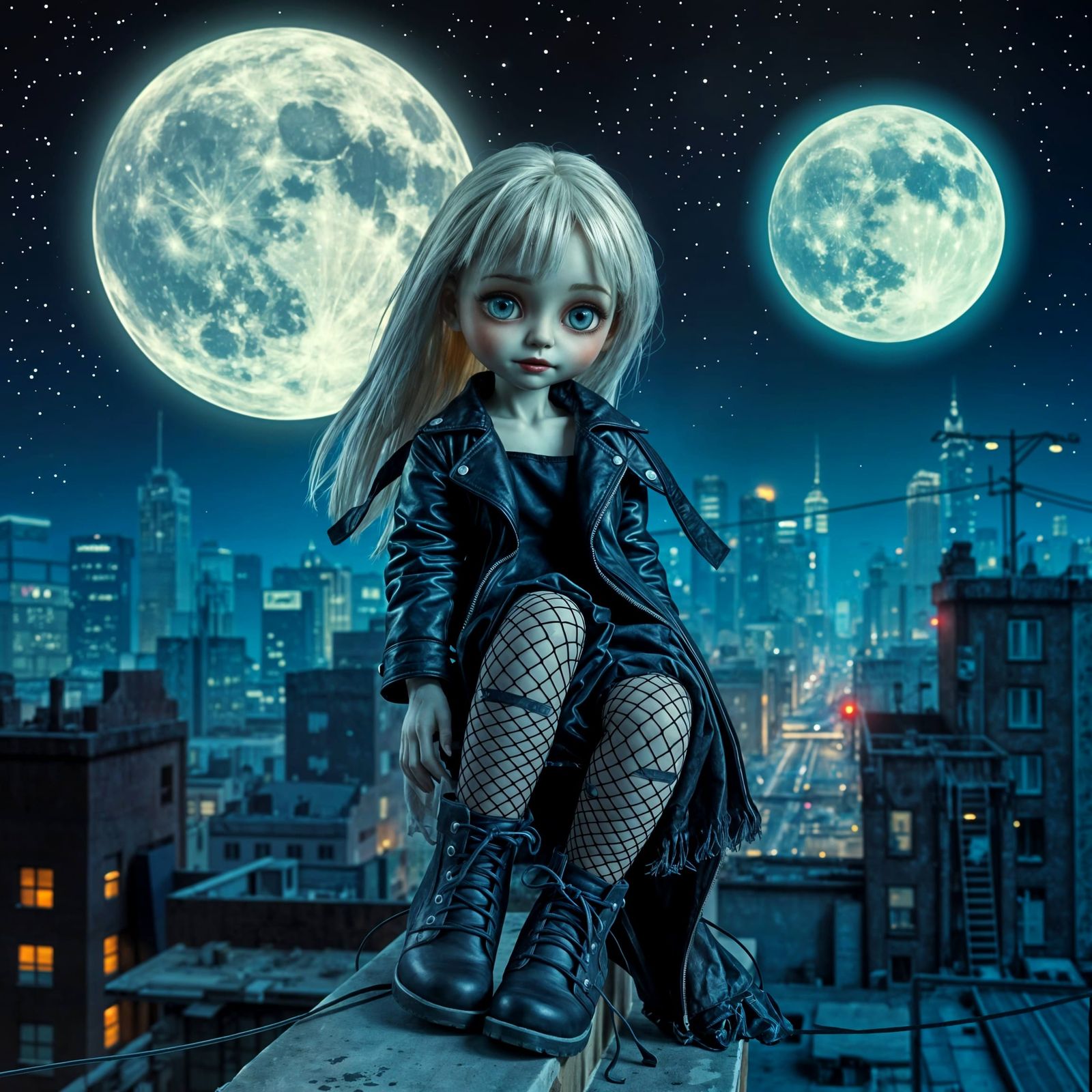 Pale Doll Overlooks Cyberpunk City Under Giant Moon