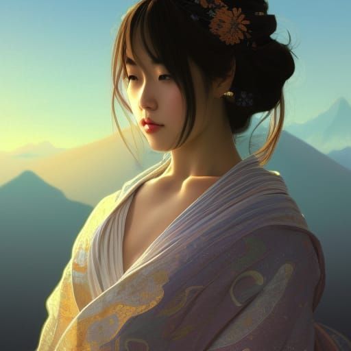 Japanese Girl in Kimono at Snowy Sunrise
