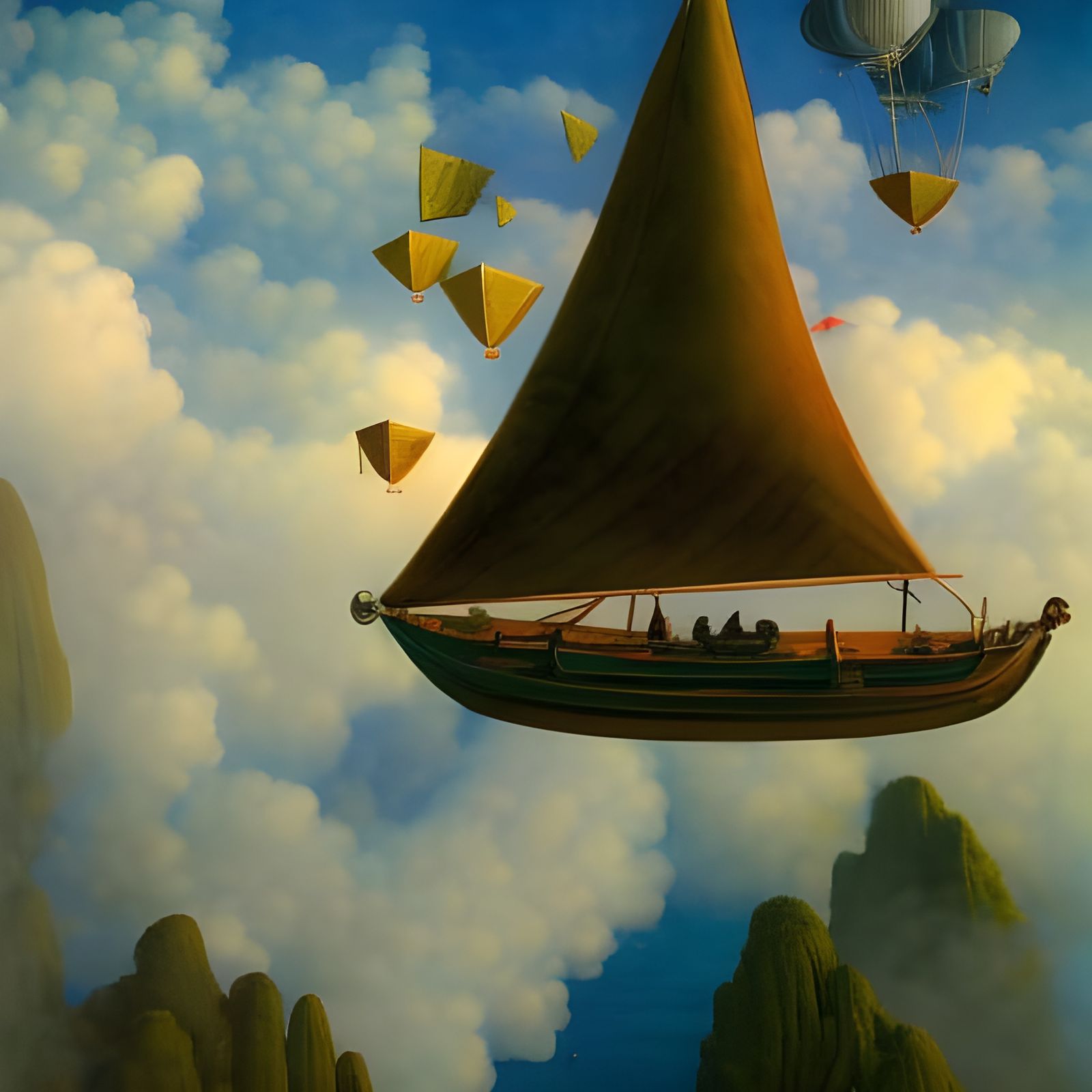 Vietnamese Sailboat Soaring Through Clouds, Fantasy Art