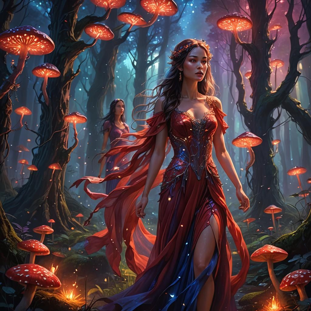 Mystical Forest Girl in Flowing Red Dress
