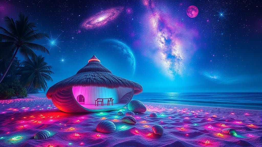 Surreal Beachside Oasis Under Cosmic Glow