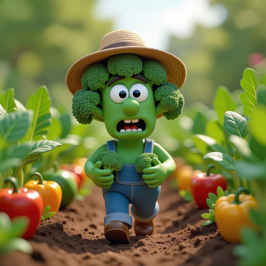 Claymation Broccoli Character in Garden