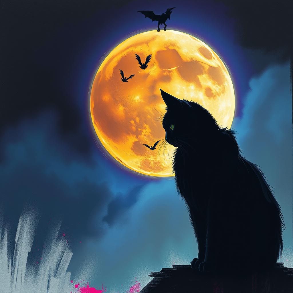 Eerie Black Cat Silhouetted Against a Full Moon