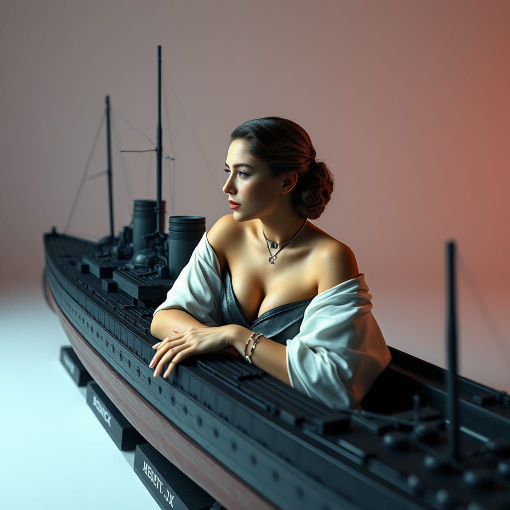 Elegant Woman with Bismarck Model in Hyperrealistic Style