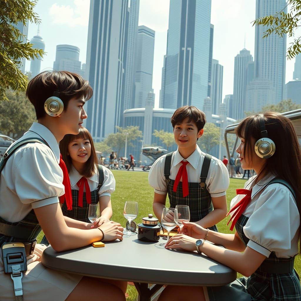 Cross-Dressing Men Picnic in Futuristic Park, Cinematic Styl...