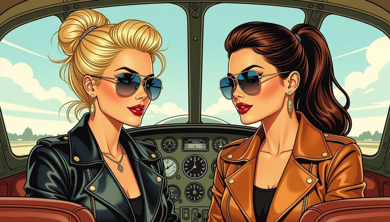 Beautiful Pilots in Vintage DC-3 Cockpit, Comic Art