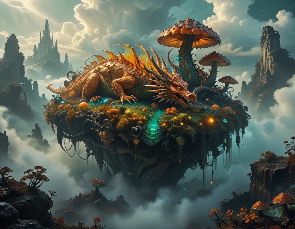 Colossal Dragon on Floating Island in Dreamlike Autumn Mist