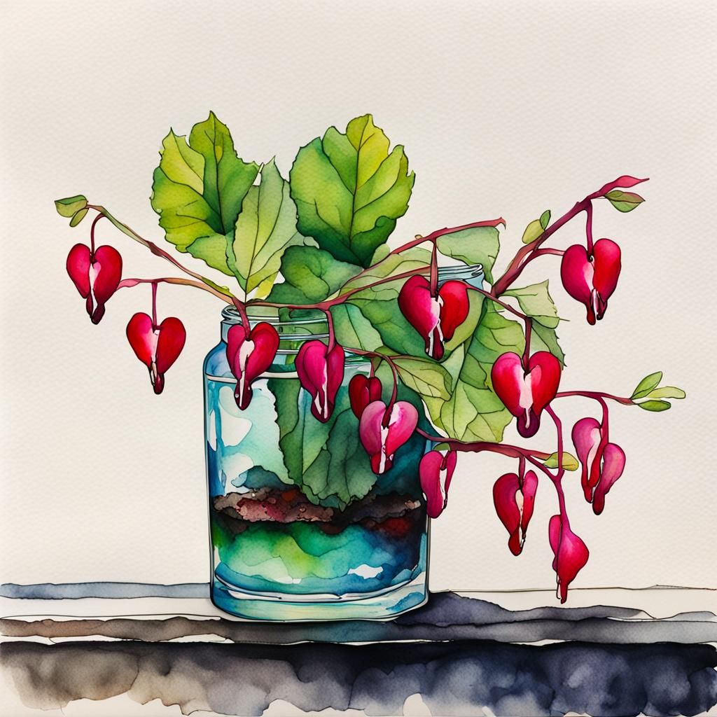 Bleeding Heart Plant on Windowsill in Alcohol Ink