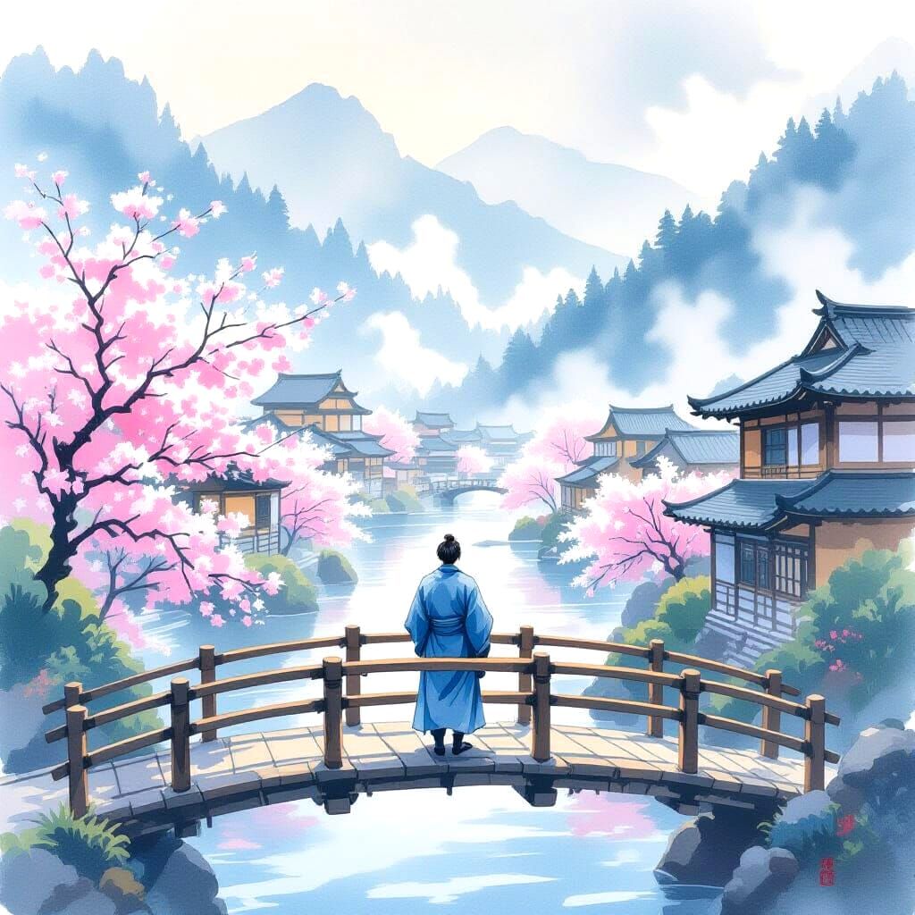 Misty Valley Cherry Blossoms in Watercolor Style