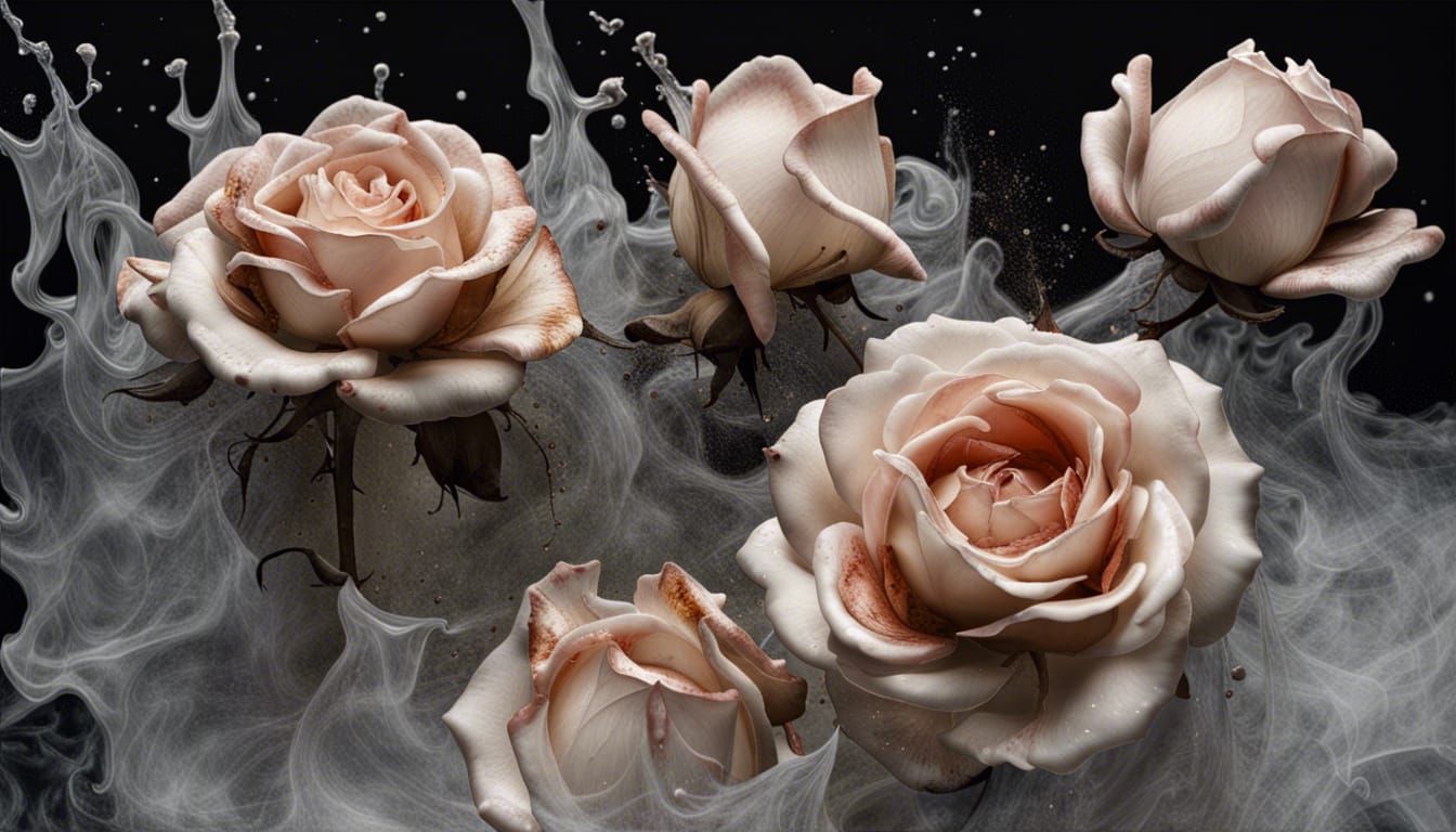 Liquid Ink Roses Dissolving into Swirling Smoke