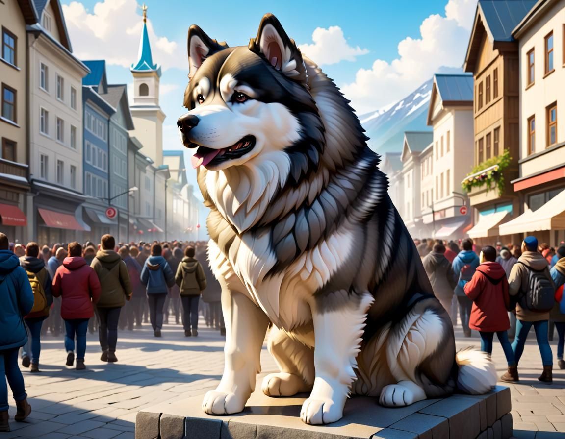 Alaskan Malamute Dog Statue in Public Square