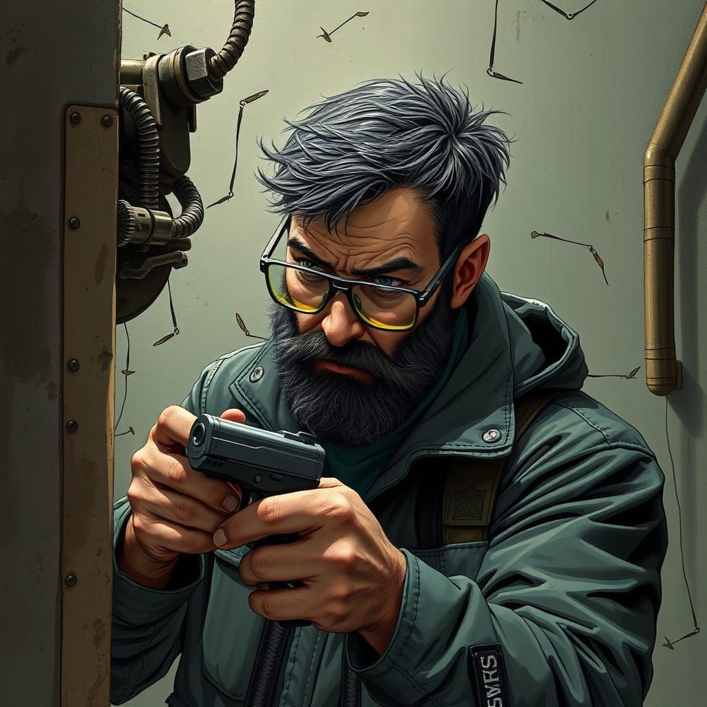 Man Repairing Matrix in Hyperrealistic Style