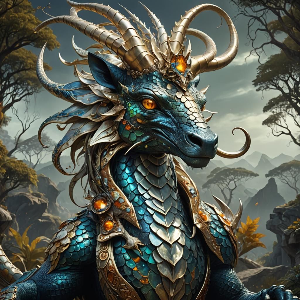 Opalescent Serpentine Creature with Ivory Horn