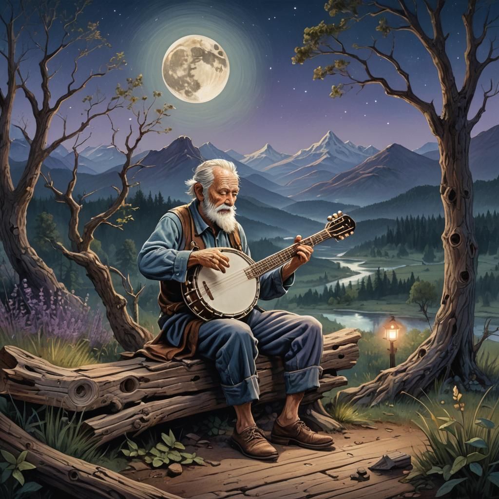 Banjo Player in Moonlight: Fantasy Landscape Art