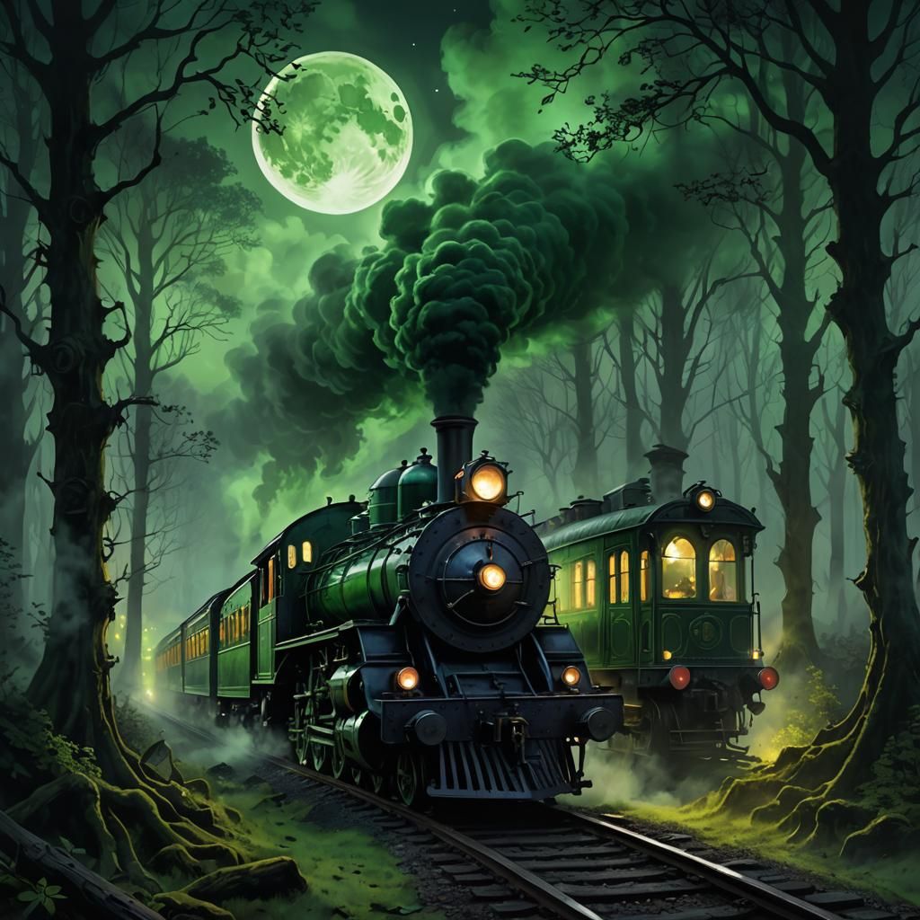 Ghostly Steam Train in Misty Gothic Forest