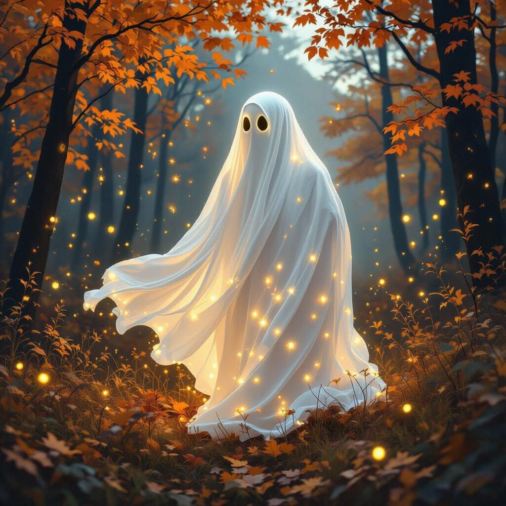 Glowing Ghost Floats Through Autumn Forest at Dusk