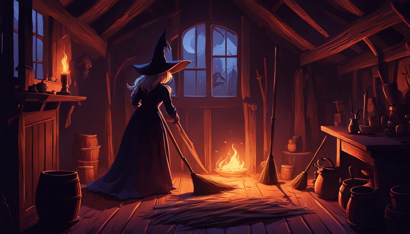 Atmospheric Concept Art of a Witch Sweeping Hearth