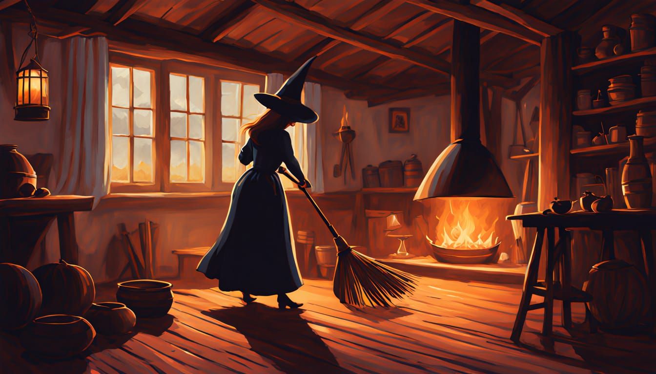 Cozy Witch Sweeping Cottage Floor in Ethereal Light