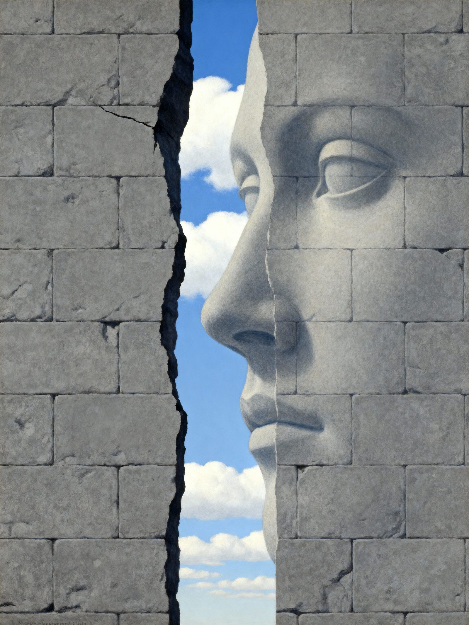 Giant Face Peeks Through Cracked Stone Wall to Blue Sky