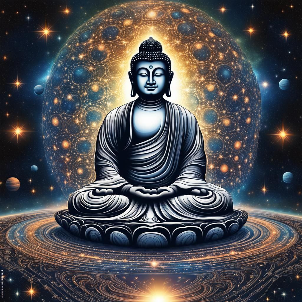 Buddha's Interstellar Diplomacy: A 3D Rendered Artwork