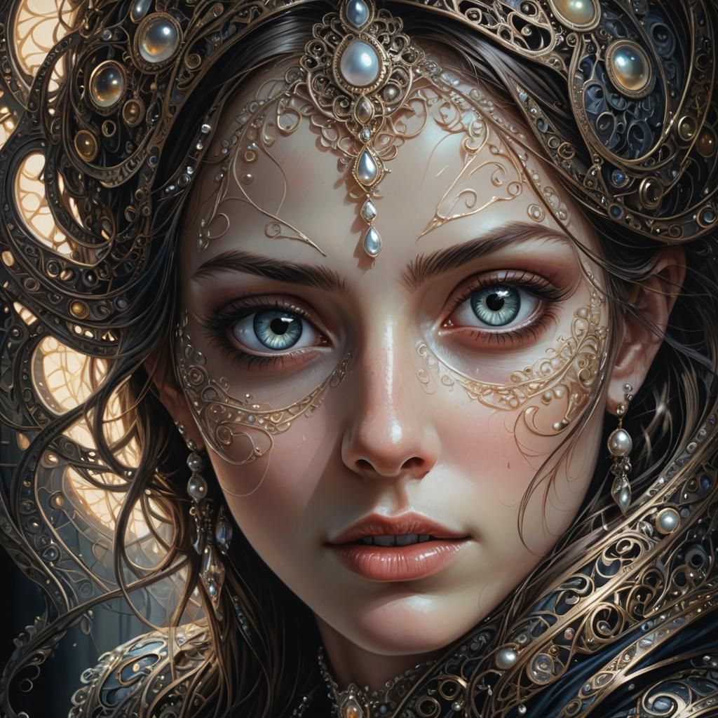 Woman with Pearlescent Eyes in Dark Fantasy Style