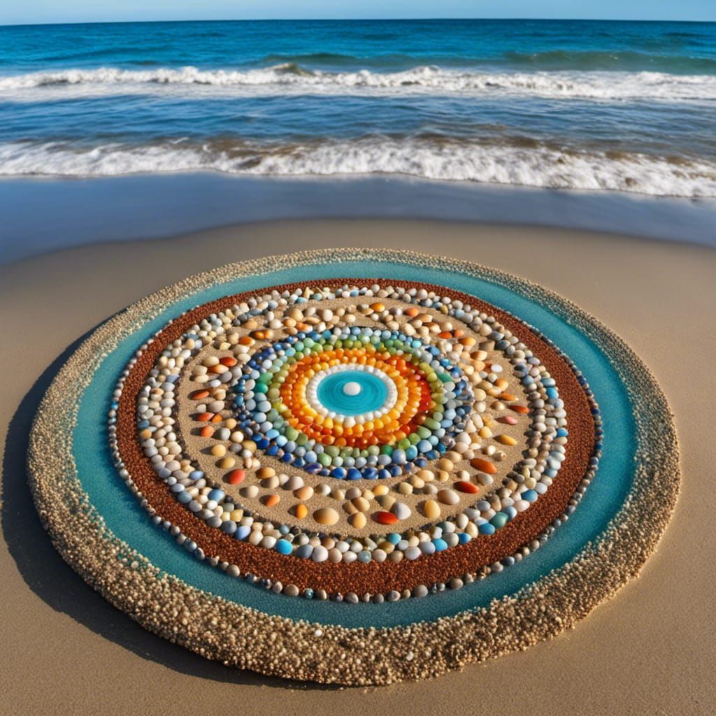 Colorful Sand Mandala on Sandy Beach
