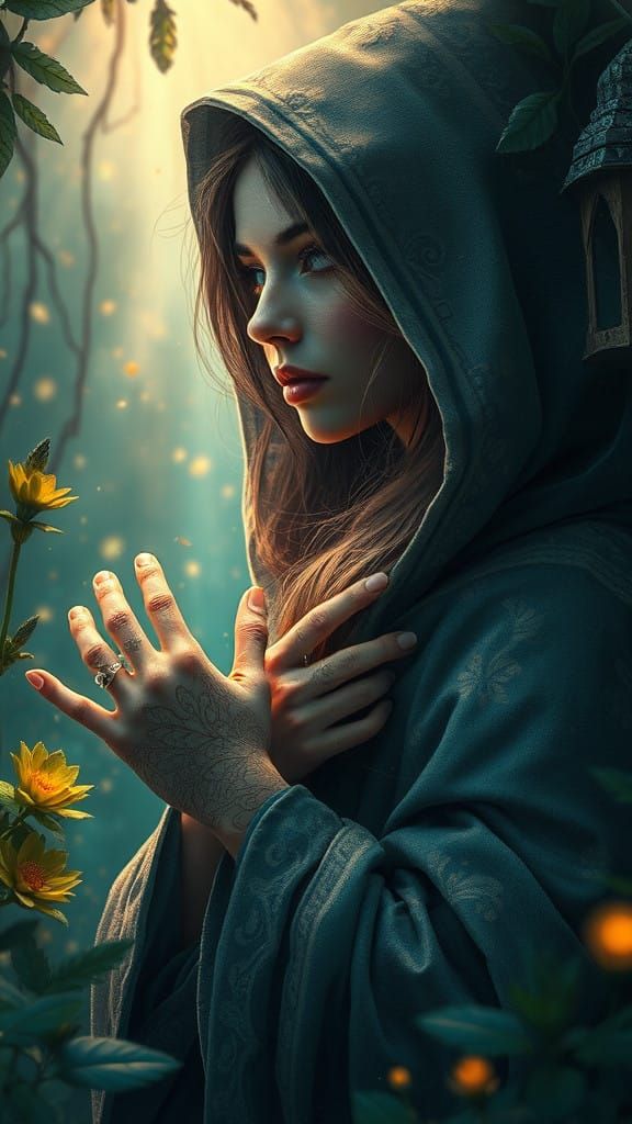 Ethereal Herbalist in Bioluminescent Forest