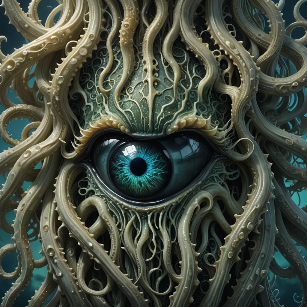 Intricate Eye with Tentacles in Bioluminescent Deep Ocean