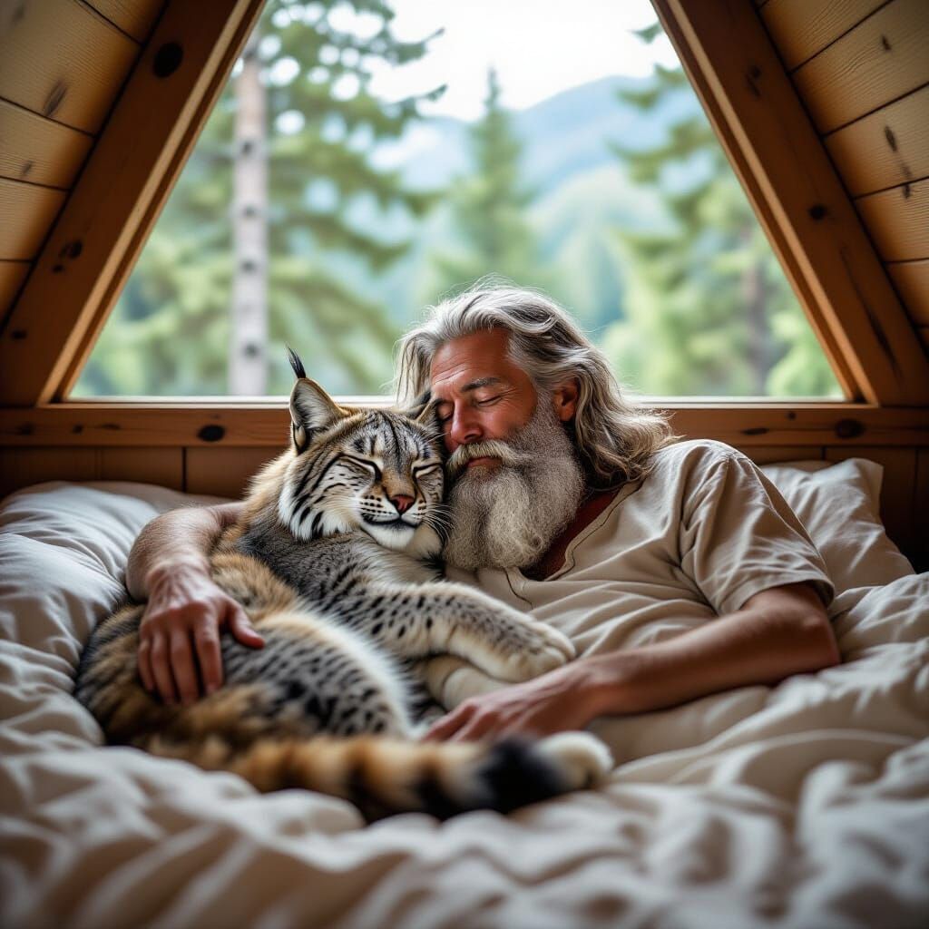 Aging Hippie Sleeps Peacefully With Lynx in Forest