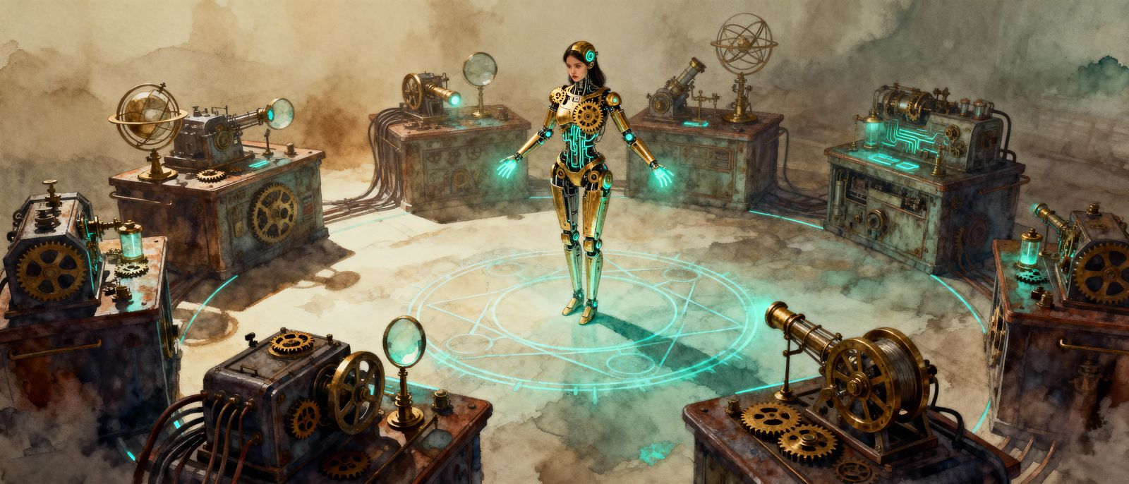 Steampunk Cyborg Ritual in Dreamlike Watercolor Style