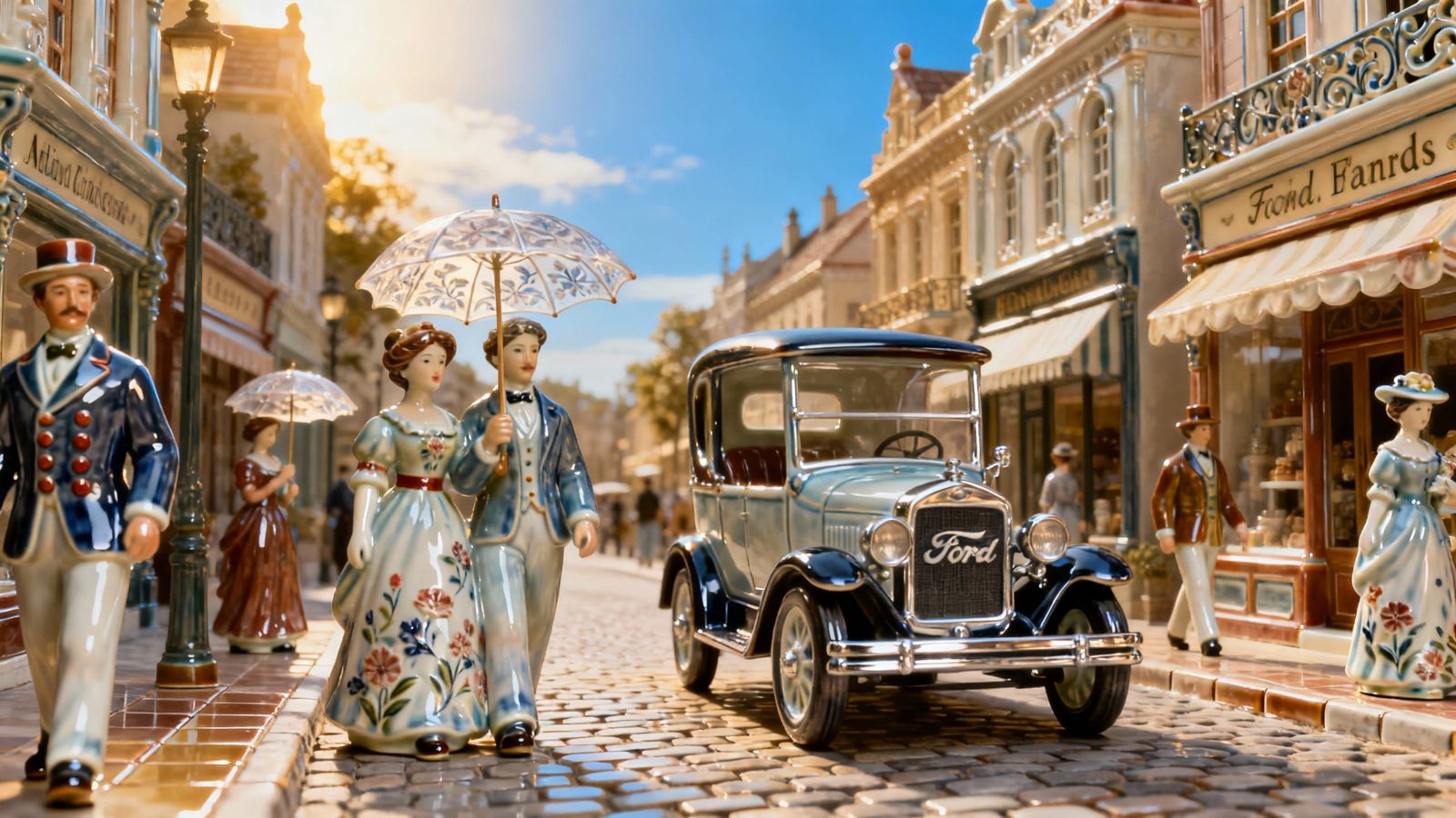 Victorian Porcelain Street Scene with Ceramic Ford Model T