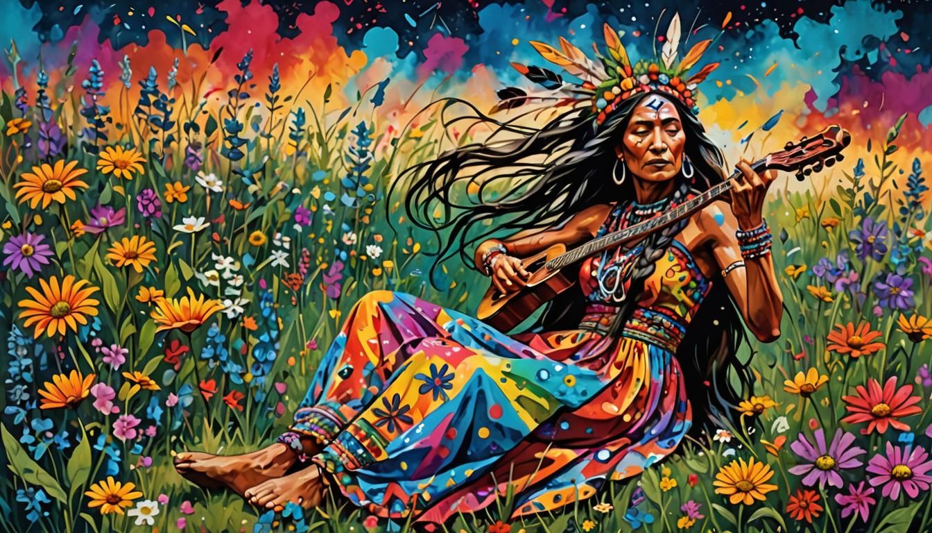Native American Woman Plays Piccolo in Folk Art Style