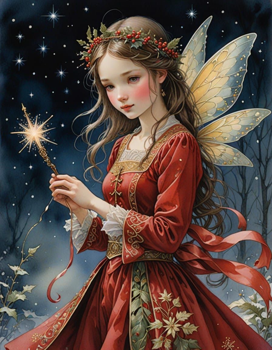 Enchanting Christmas Fairy with Velvet Dress and Wand