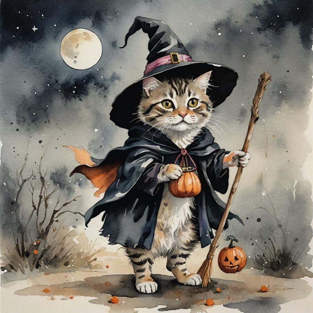 Tabby Kitten Witch Trick-or-Treating Watercolour