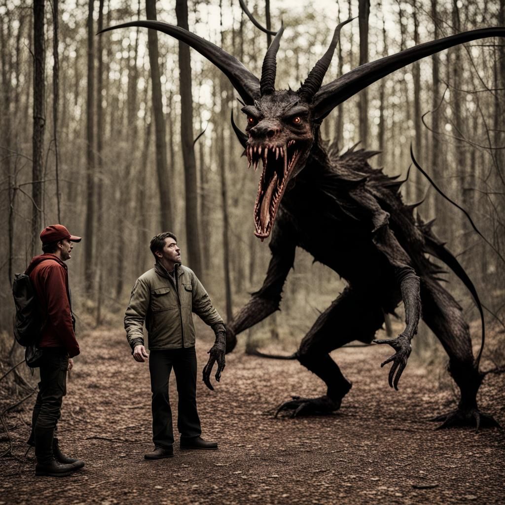 terrified hunters meeting the Jersey Devil in the woods, rea...