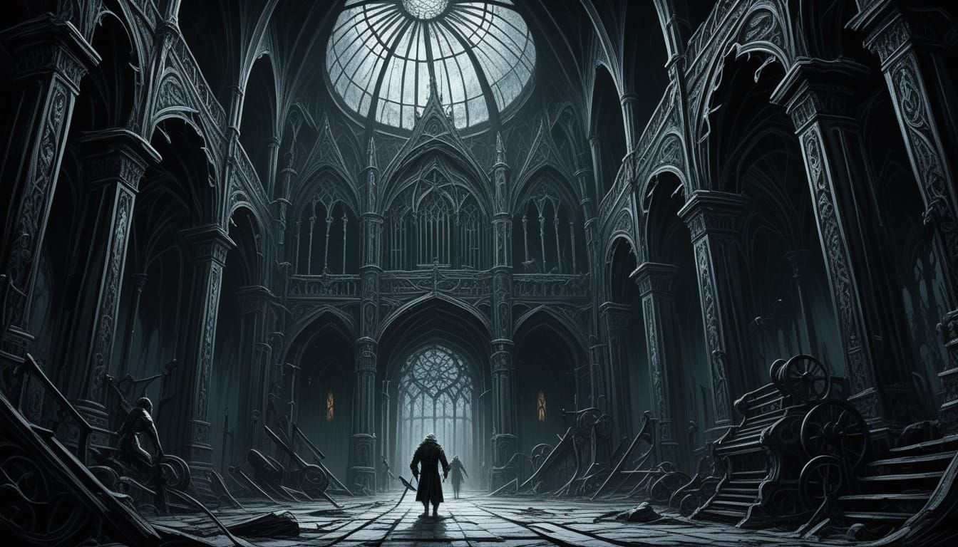 Elderly Men Workout in Ornate Gym, Dark Fantasy Art