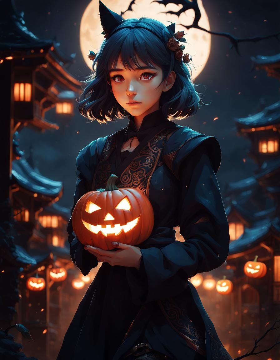 Anime Girl with Halloween Decor in Genshin Impact Style
