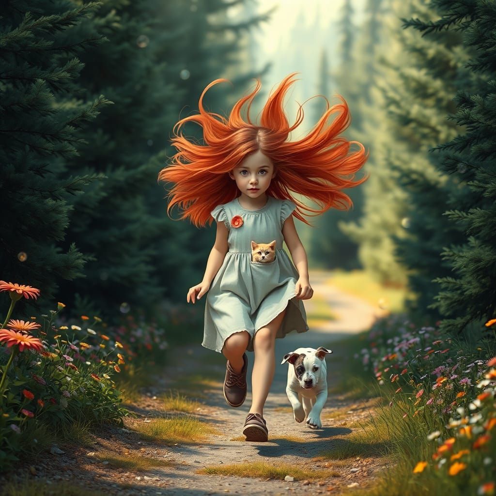 Girl Skipping with Kitten and Puppy on Forest Path