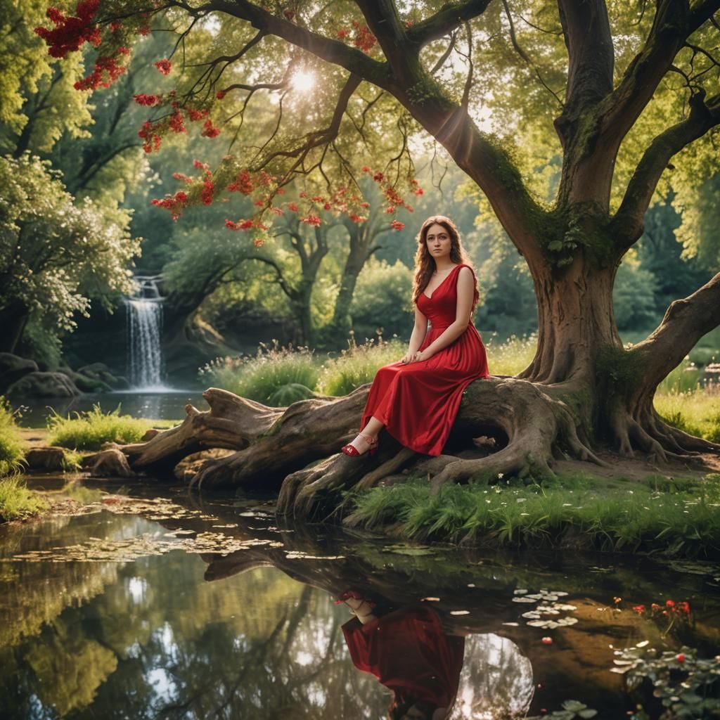 Medieval Woman in Red Dress by Oak Tree