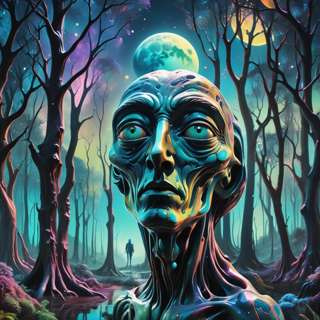 Alien in Psychedelic Forest: A Surreal Oil Painting