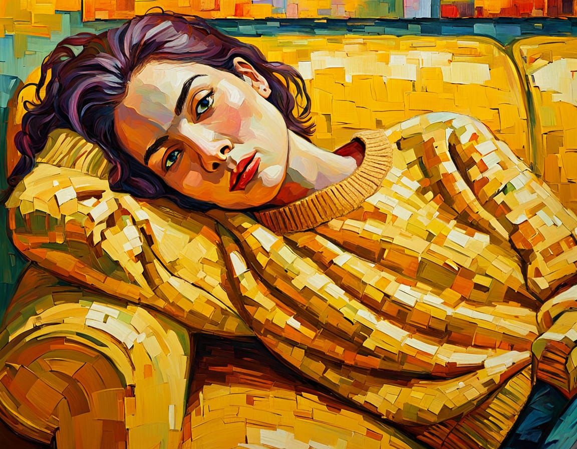 Woman on Yellow Sofa as Impasto Oil Painting