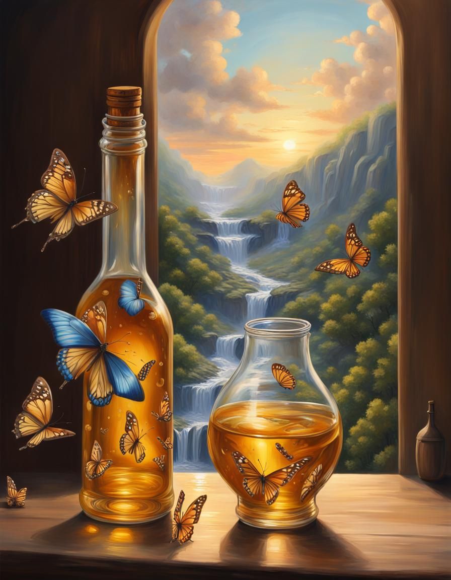 Village Inside Bottle: Impressionistic Oil Painting