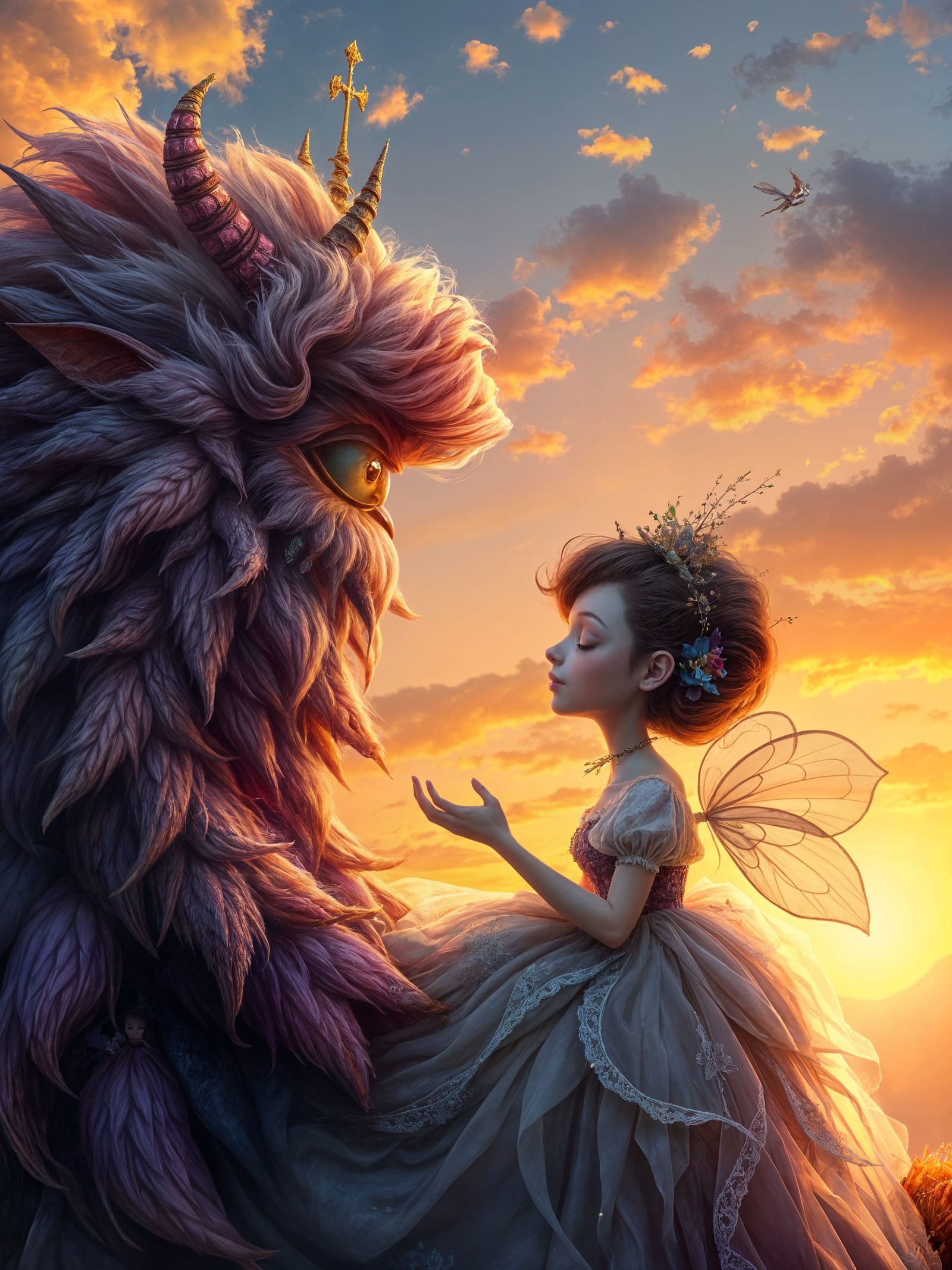 Whimsical Princess and Her Fuzzy Monster in a Vibrant Sunset...