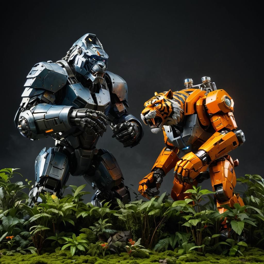 Giant Mecha Tiger vs Gorilla in Jungle Battle