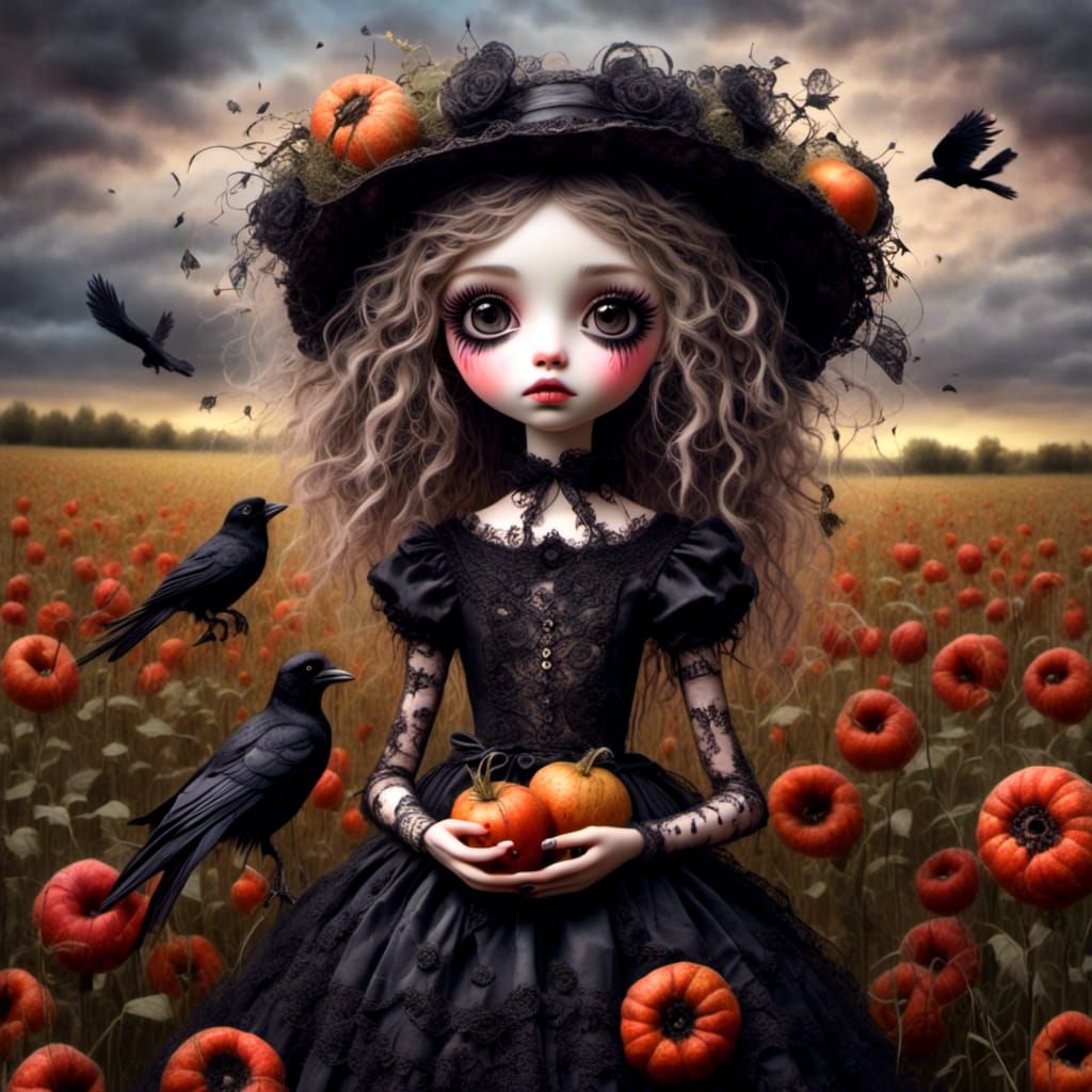 Whimsical Harvest Queen with Crow in Field