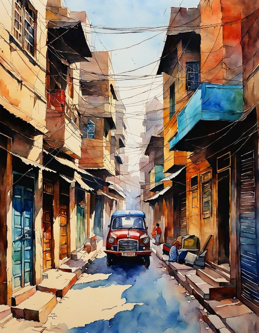 Lahore Street Scene in Art Deco Watercolor