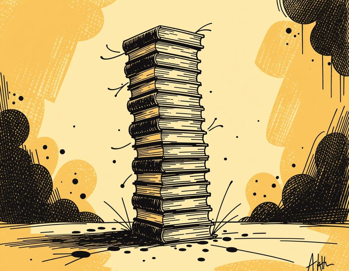 Whimsical Stack of Books in Pen and Ink Style