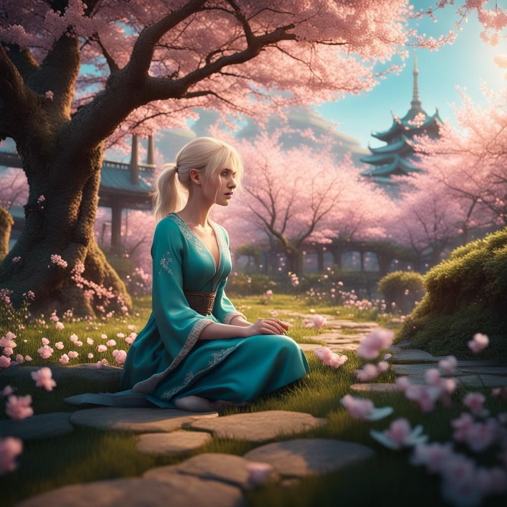 Blonde in Cherry Blossom Garden at Sunrise