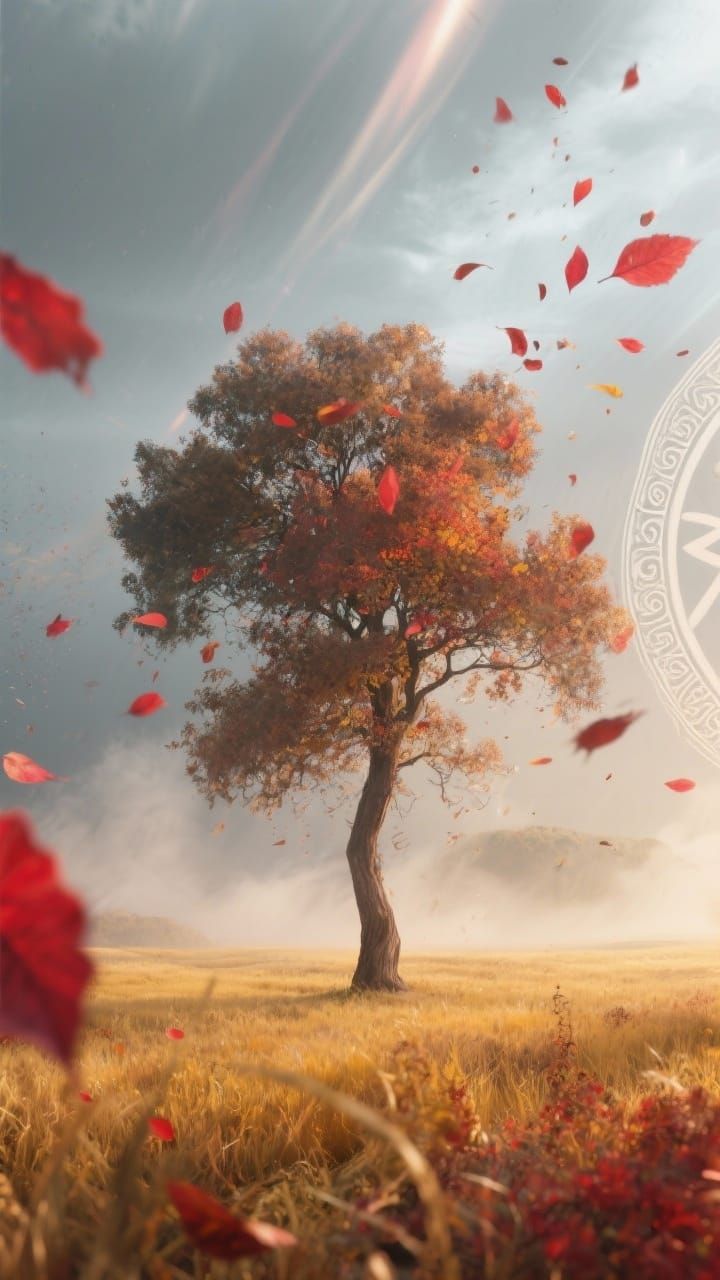 Solitary Tree in Golden Field with Falling Red Leaves