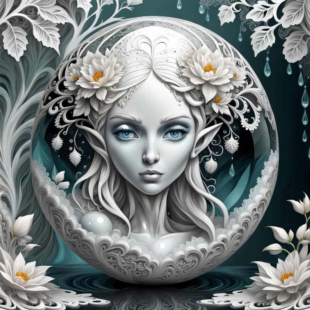 Marble Elf Portrait with Glass Sphere Reflection